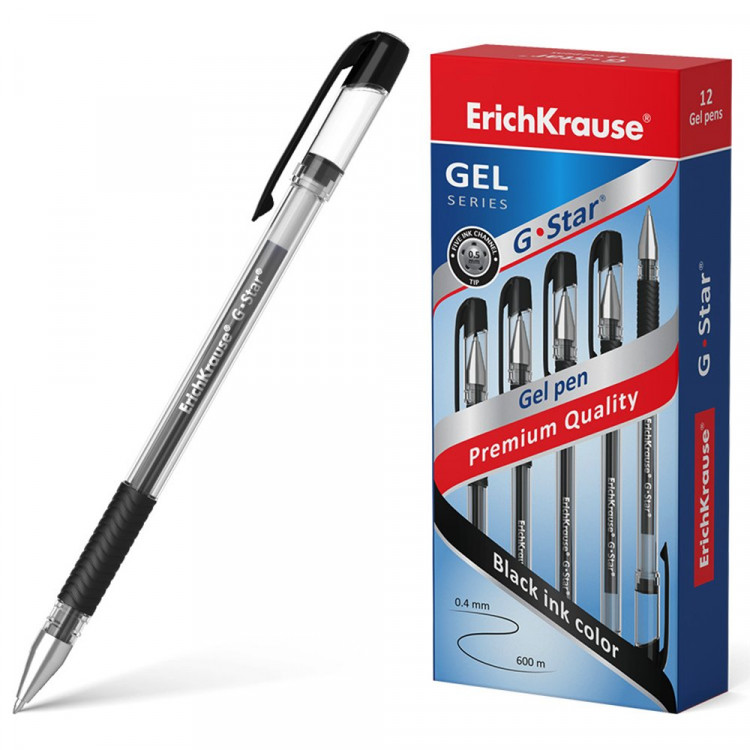Ручка гелевая прозрачный корпус резиновый упор (ErichKrause) G-Star Classic черный, 0,5мм арт.54538 (Ст.12)