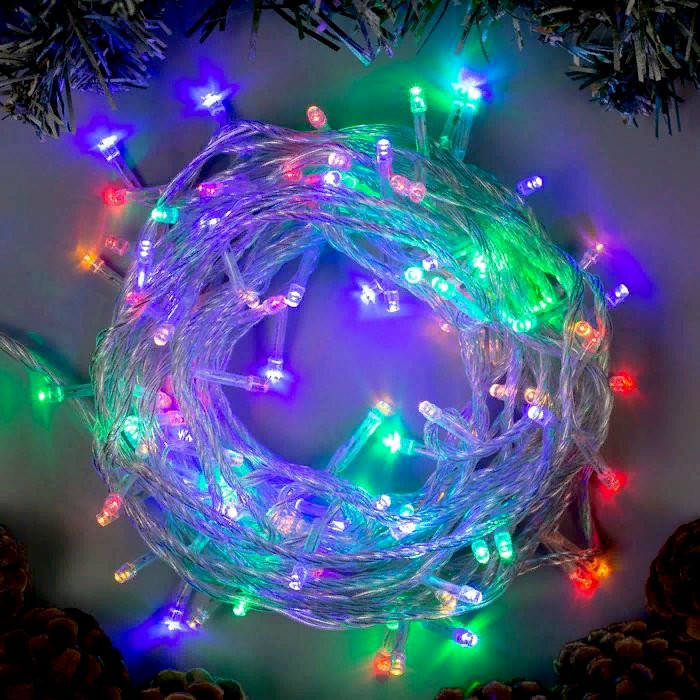 Гирлянда электрическая для дома нить 10м 100LED цвет мульти (светлый провод) 8режимов арт.3556779