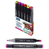 Маркеры для скетчинга двусторонние (Mazari) Fantasia Fluoresc 06 цветов пулевидные /клиновидные наконечники, ПВХ- упаковка арт M-15006-6