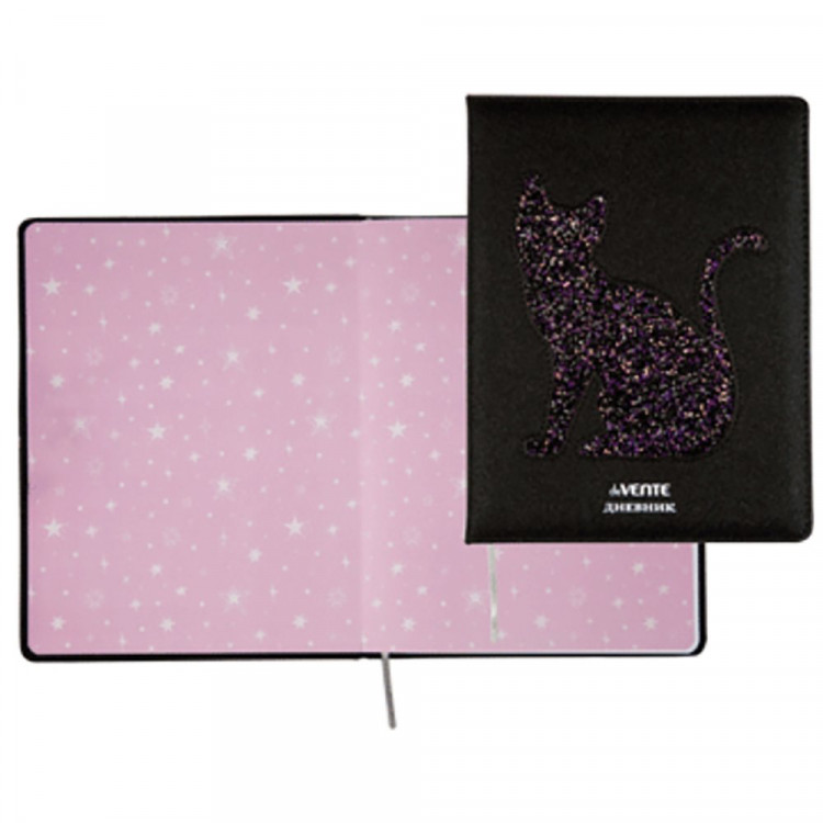 Дневник школьный твердая обложка кожзам (deVENTE) Glitter. Cat аппликация, отстрочка, ляссе арт.2022327