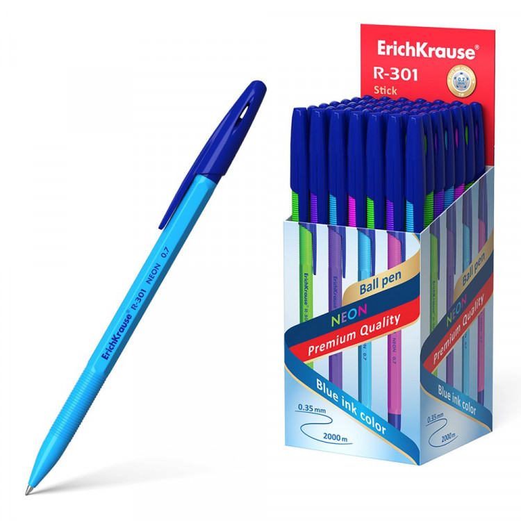 Ручка шариковая не прозрачный корпус (ErichKrause) R-301 Neon Stick синий, 0,7мм арт.53342 (Ст.50)