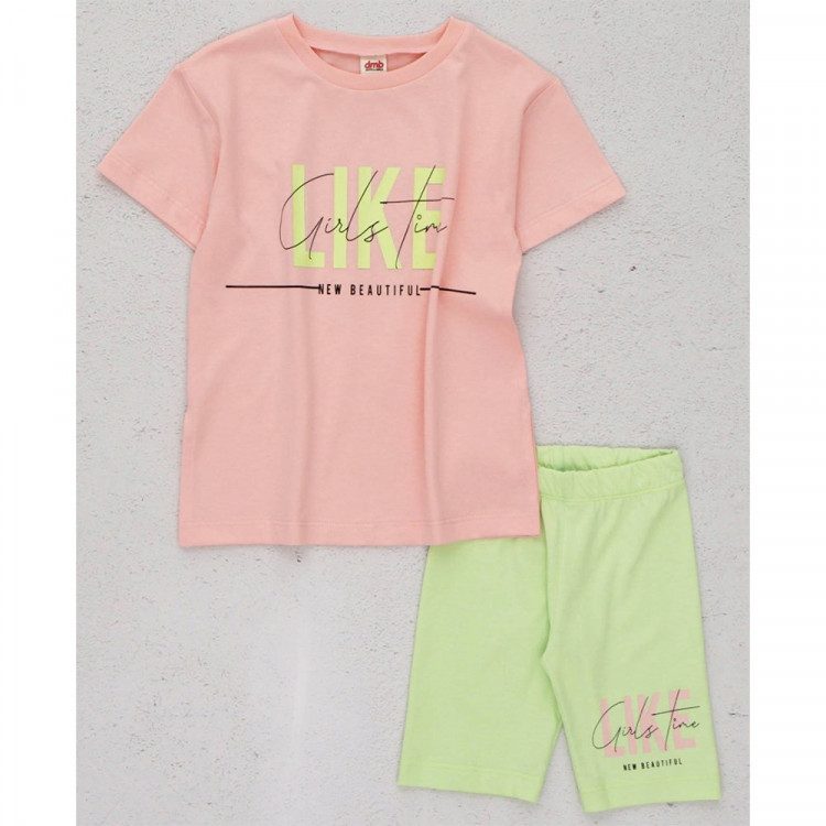 Костюм для девочки (DMB) артикул 2743 размерный ряд 26/98-30/122 (футболка+бриджи) цвет светло-розовый/ментол