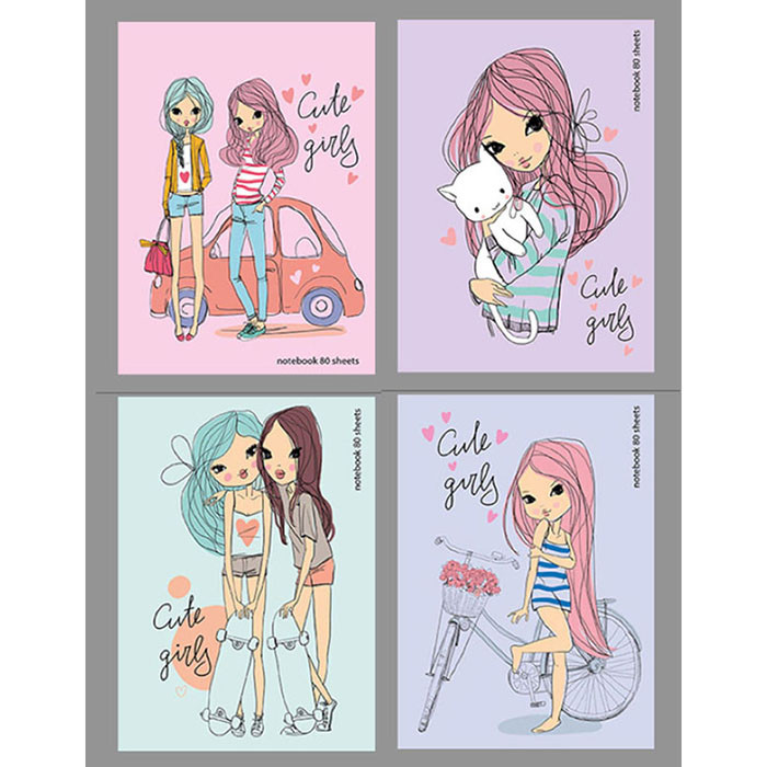 Блокнот А6 твердая обложка на гребне 80 листов (BG) Cute girls арт.2093 (Ст.60)