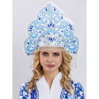 Кокошник взрослый "Русская красавица" цв,белый/голубой, бахрома, стразы, бусины б/р арт.1117 к-24