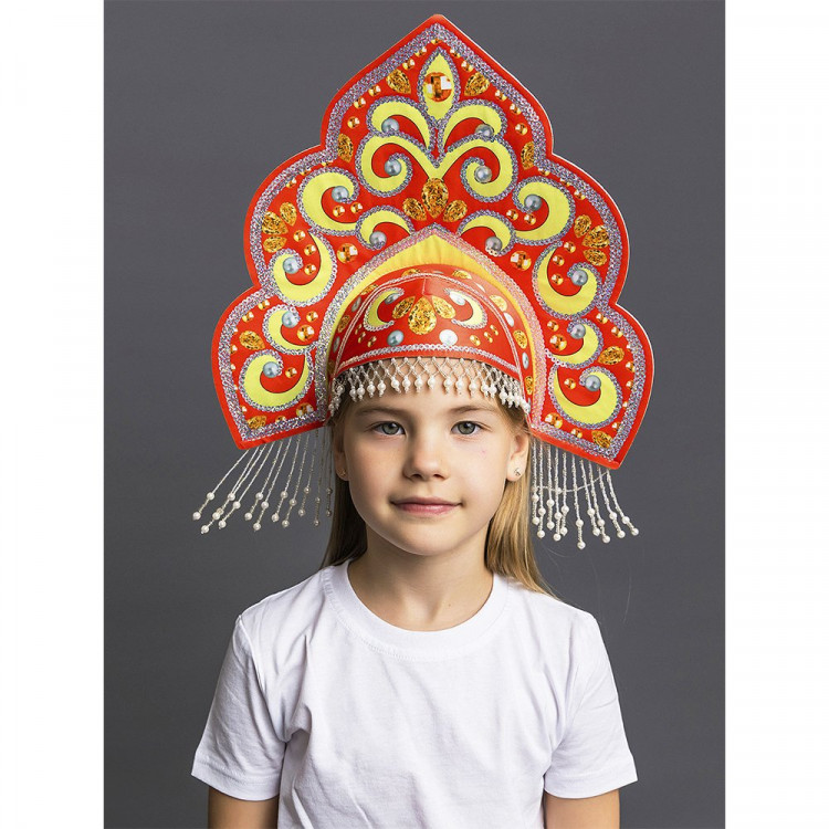 Кокошник детский "Русская красавица" цв,красн/желтый, бахрома, стразы, бусины б/р арт.1116 к-24