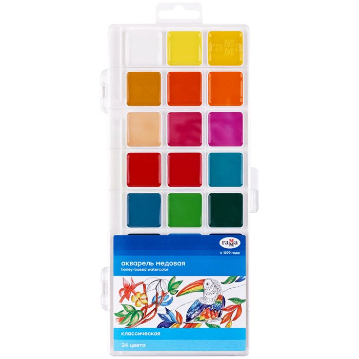 Акварельные краски 24 цвета (Гамма) Классическая пластиковая коробка без кисти медовые арт 1009198