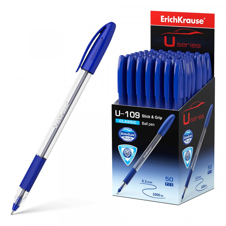 Ручка шариковая прозрачный корпус резиновый упор (ErichKrause) U-109 Classic синий, 1мм, игла арт.47574 (Ст.50)