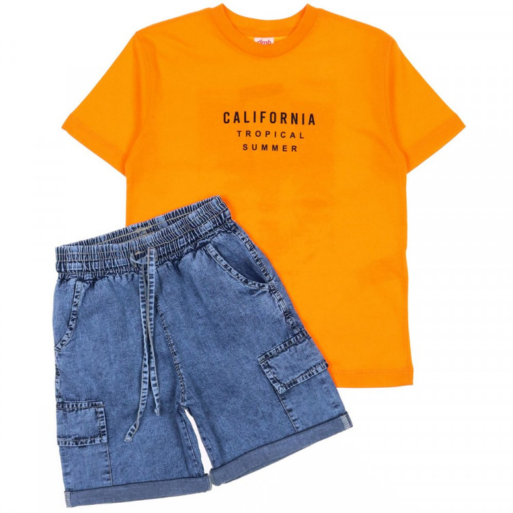 Комплект для мальчика арт.DMB KIDS 7448 размерный ряд 28/104-32/128 (футболка+шорты) цвет оранжевый/джинсовый