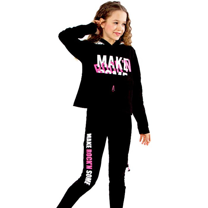 Костюм спортивный для девочки  арт. TT 0142 размер 32/128-48/176 трикотажный цвет черный/розовый неон