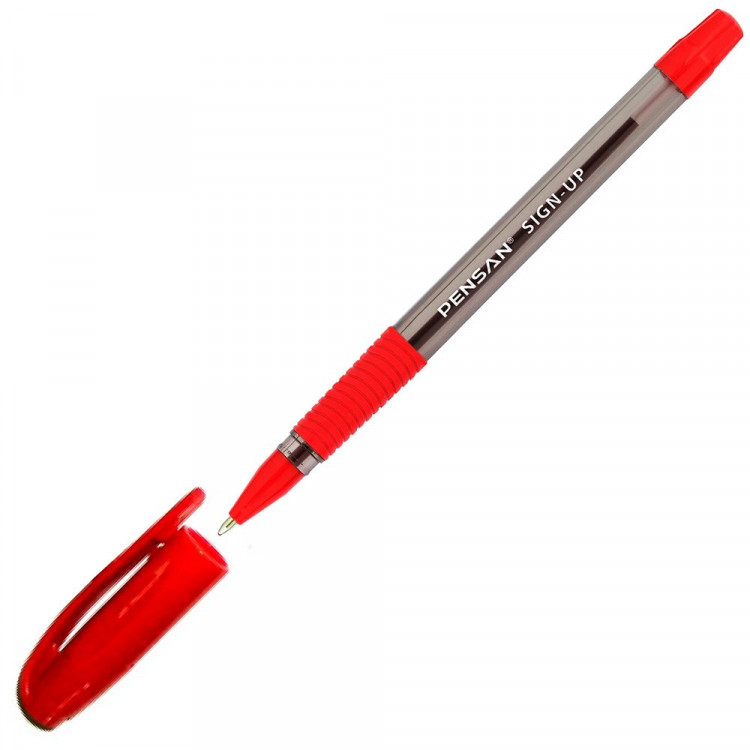 Ручка шариковая прозрачный корус резиновый упор (Pensan) SIGN-Up красный/масло/конус, 1,0мм арт.2410/12RED (Ст.12)
