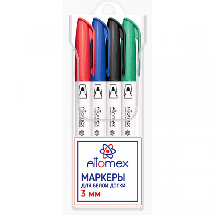 Маркер для доски Attomex набор 4цв. (красный/синий/черный/зеленый) 3мм, арт.5040705