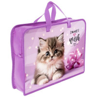 Сумка пластик А4 (Оникс) на молнии ручка-тесьма арт ПТ-14-4 Котик в горошках широкая боковинка