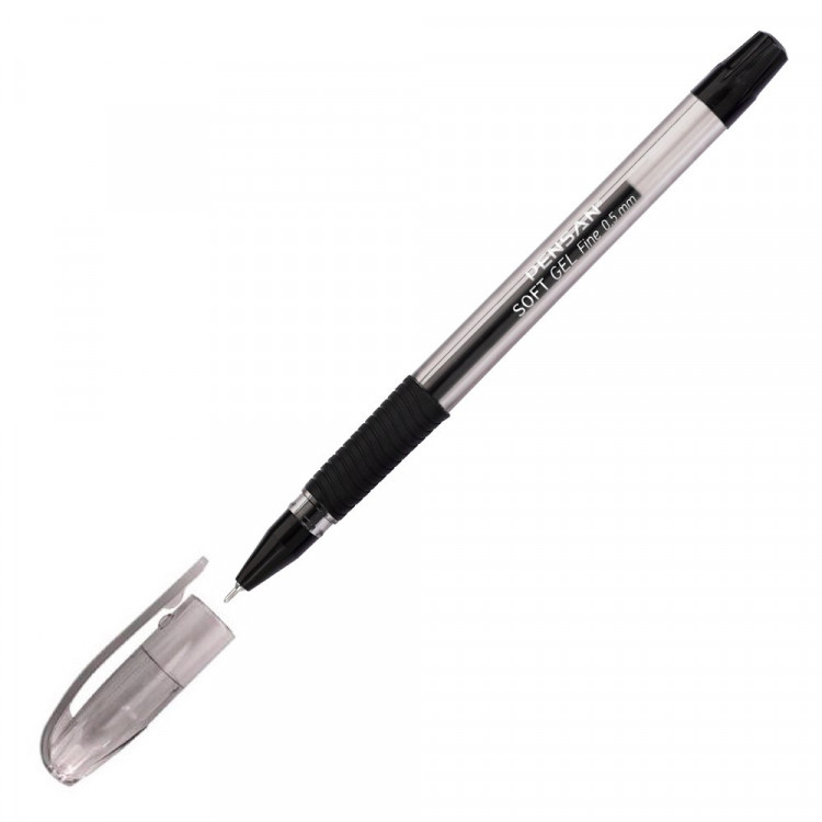 Ручка гелевая  прозрачный корпус Pensan Soft Gel Fine 0,5мм Черный корпус с радугой, черный,  арт.2420/12BLACK (Ст.12/144)