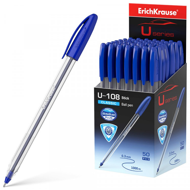 Ручка шариковая прозрачный корпус (ErichKrause) U-108 Classic синий, 1мм, игла арт.47564 (Ст.50)
