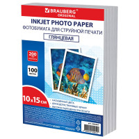 Фотобумага глянцевая, 10х15 см, 200 г/м2, односторонняя, 100 листов, ПАКЕТ, BRAUBERG, 364407