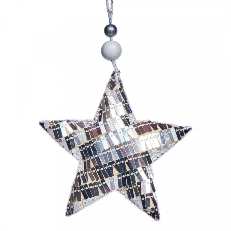 Украшение декор.подвесное текстиль/платик/дерево "Звезда" 08см цв.серебро арт.92364