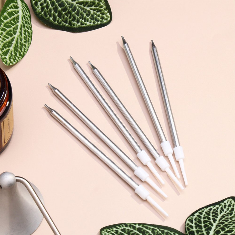 Свечи д/торта с подставкой 06шт/наб. "Ройс" 13см серебристый металлик арт.4710821