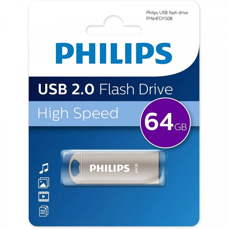 Флеш диск 64GB PHILIPS IRON, USB 2.0, серебристый