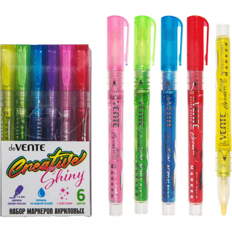 Маркеры для скетчинга акриловые (deVENTE) HOBBY CREATIVE Shiny 6 цветов с блестками пулевидный наконечник пластиковая упаковка арт 5044306