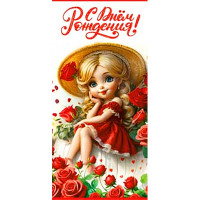 Открытка-конверт "С Днём Рождения_Девочка в шляпке" арт.90-1660