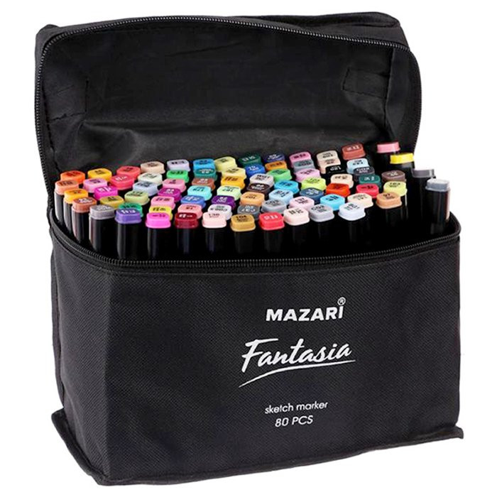 Маркеры для скетчинга двусторонние (Mazari) Fantasia 80 цветов текстильная сумка арт M-6073-80