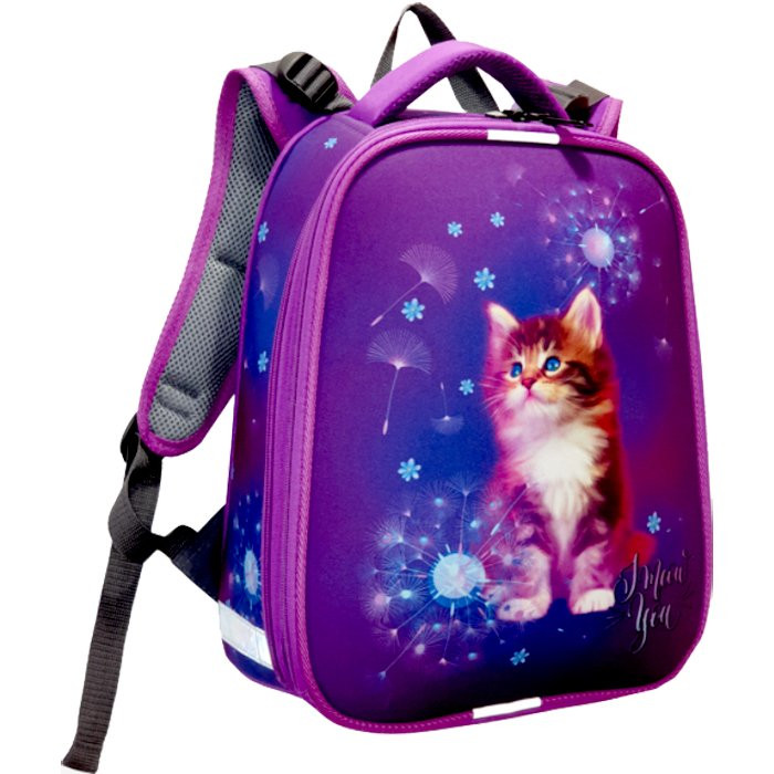 Ранец для девочек школьный (Ставиа) Рыжий котенок мультиколор/сирень 30х38х16см арт 8288Б