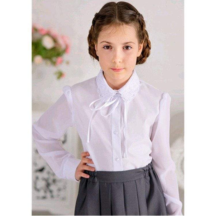 Блузка для девочки (Ажур) длинный рукав цвет белый арт.0032Д размерный ряд30/128-36/146
