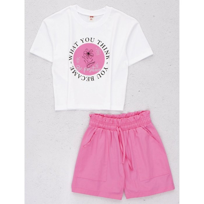 Комплект для  девочки  артикул DMB 2815 размер 32/128-44/164 (футболка+шорты) цвет розовый