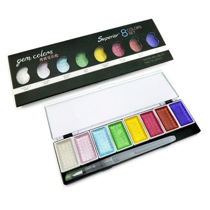 Акварельные краски 8 цветов (INTELLIGENT) металлик Superior картонная коробка кисть с резервуаром арт.CC-3