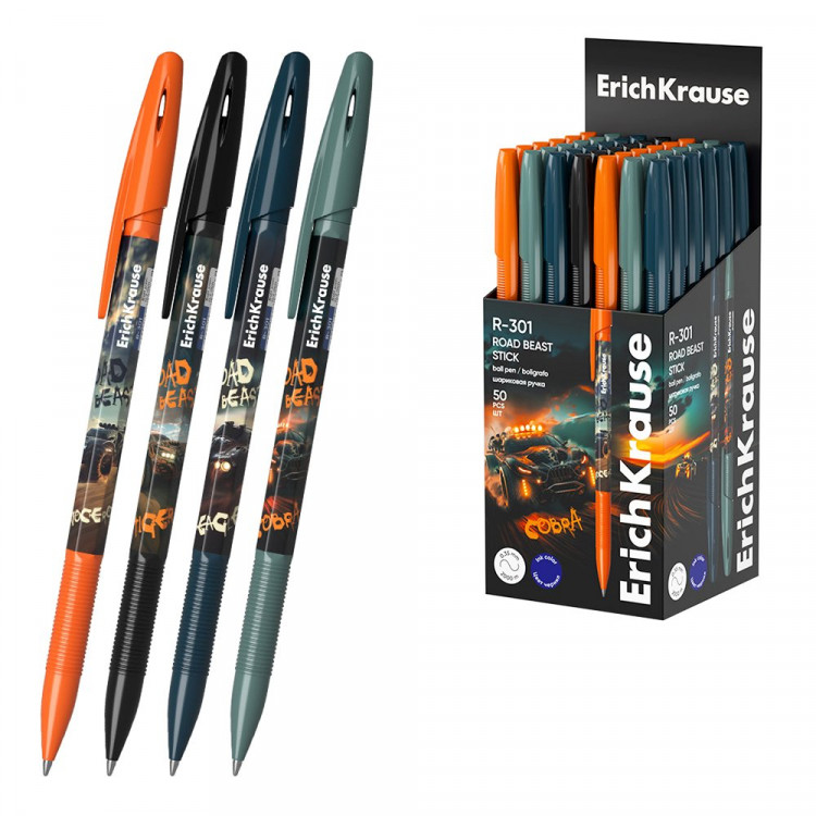 Ручка шариковая непрозрачный корпус (ErichKrause) R-301 Stick Road Beast синий, 0,7/0,35мм арт.63074 (Ст.50)