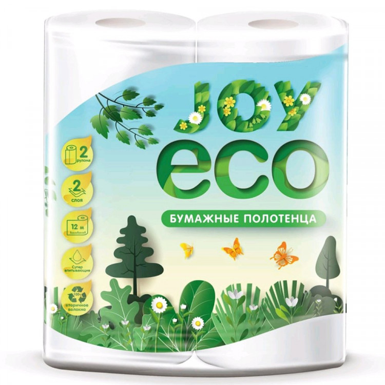 Полотенце бумажное 2-слоя 2 рулона в упаковке 12 метров Joy Eco вторичное сырье