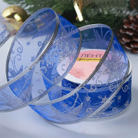 Лента новогодняя полиэстер на леске 3,8*270см "Звёзды и вьюнки" цв.синий/серебро арт.6840544