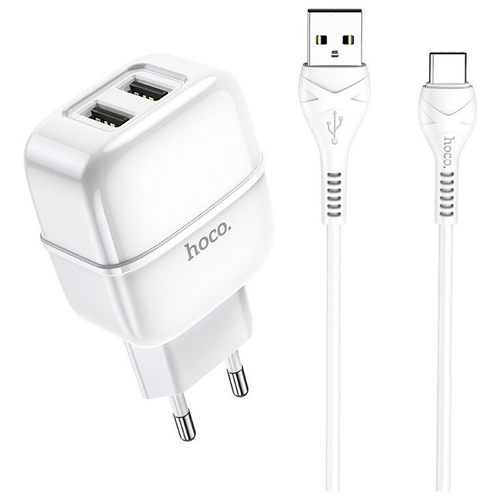 Блок питания сетевой 2 USB HOCO C77A Highway 2400mAh,пластик,кабель Type-C, цвет: белый
