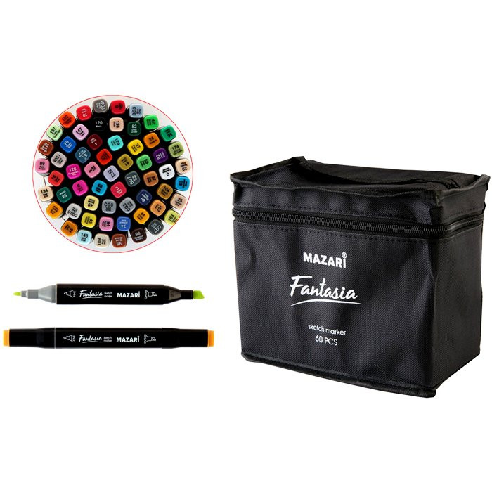 Маркеры для скетчинга двусторонние (Mazari) Fantasia 60 цветов текстильная сумка арт M-6072-60