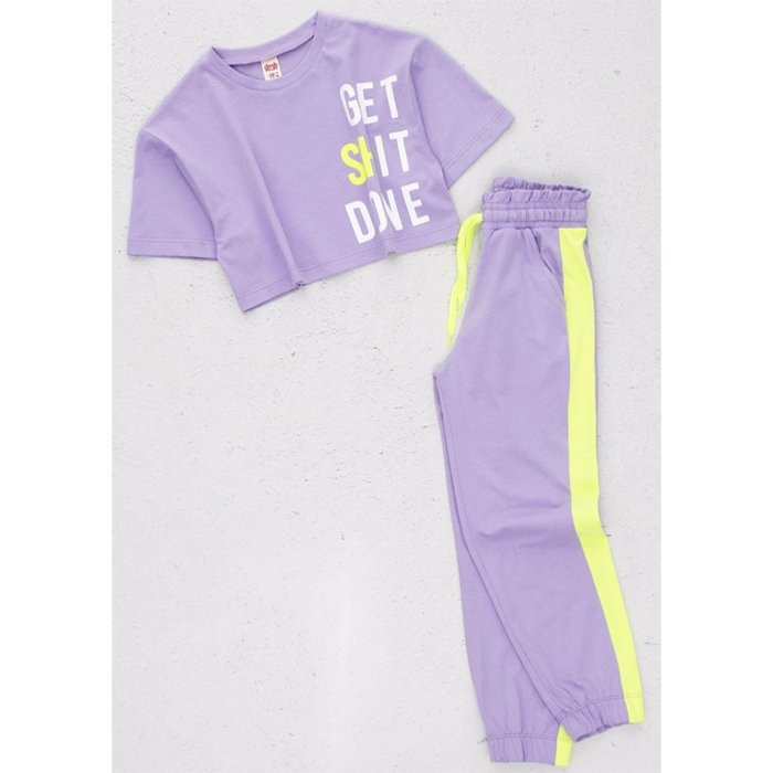 Комплект для  девочки  артикул DMB 2729 размер 32/128-44/164 (футболка+брюки) цвет лиловый