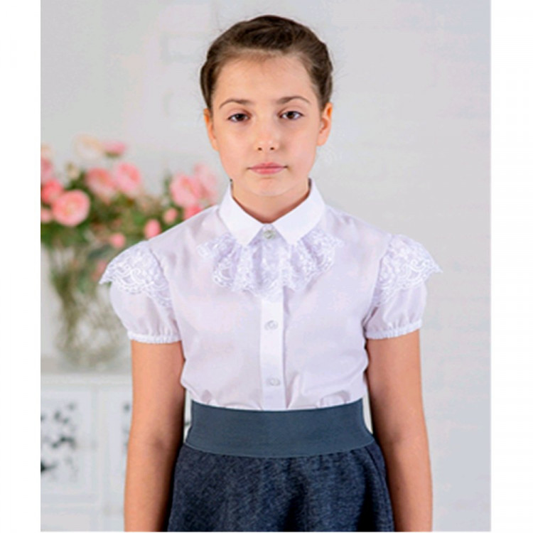Блузка для девочки (Ажур) короткий рукав цвет белый арт.0053К размерный ряд 30/128-36/146