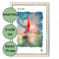 Фоторамка 21*30 (пластик) багет 19мм Белая, двойная золотая полоса арт.281/3915/300