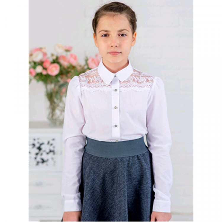 Блузка для девочки (Ажур) длинный рукав цвет белый арт.0055Д размерный ряд30/128-36/146