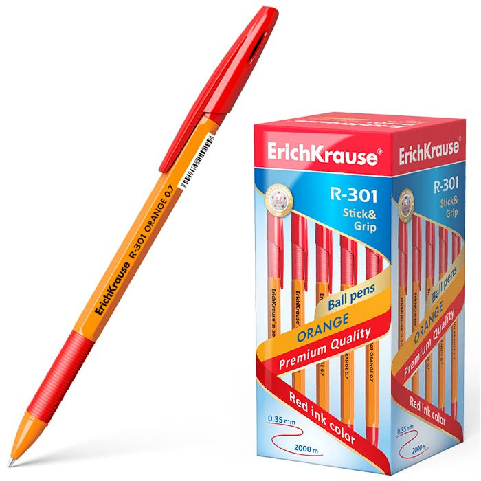 Ручка шариковая непрозрачный корпус  резиновый упор ErichKrause R-301 Orange 0,7мм красная/масло/конус арт.43189 (Ст.50)