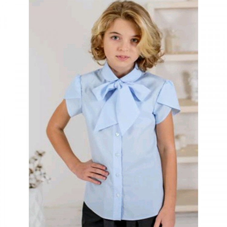 Блузка для девочки (Ажур) короткий рукав цвет голубой арт.0080К размерный ряд 30/128-36/146