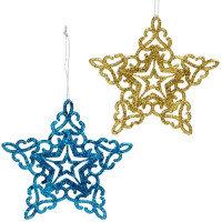 Украшение декор.подвеска пластик "Звездочки кружевные" 02шт/наб. 10см цв.синий/золото арт.201-0717