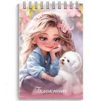 Блокнот А7 мягкая обложка на гребне 40 листов (Hatber) Блондинка с собачкой выборочный УФ-лак с глиттером арт.70956