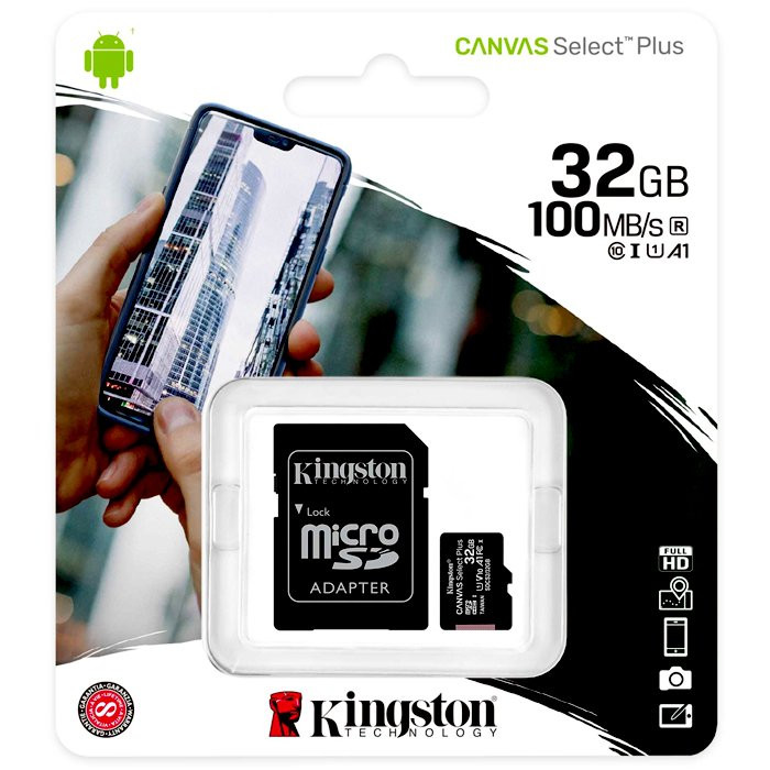 Карта памяти 32Gb microSD Kingston microSDHC class 10 UHS-I U1 Canvas Select Plus (SD адаптер) 100MB