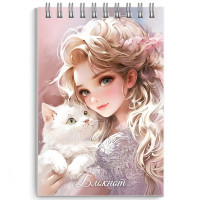 Блокнот А7 мягкая обложка на гребне 40 листов (Hatber) Блондинка с котом выборочный УФ-лак с глиттером арт.70961