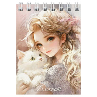 Блокнот А7 мягкая обложка на гребне 40 листов Феникс Блондинка с котом выборочный УФ-лак с глиттером арт.70961