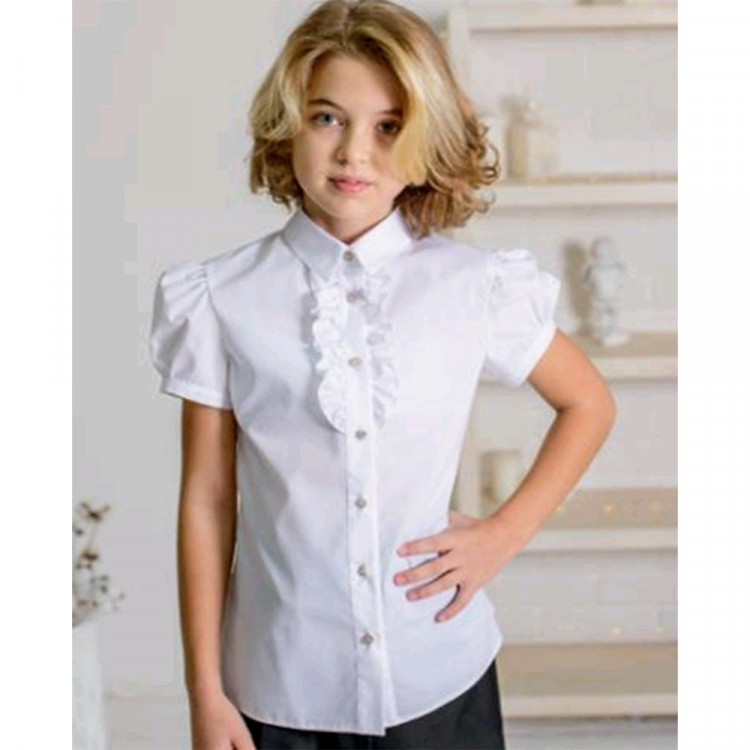 Блузка для девочки (Ажур) короткий рукав цвет белый арт.0081К размерный ряд 30/128-36/146