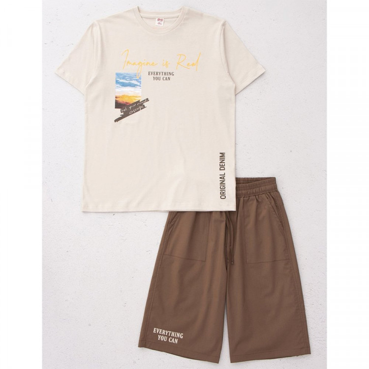 Комплект для мальчика артикул DMB 7469 размер 34/134-44/164 (футболка+шорты) цвет бежевый