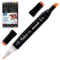 Маркеры для скетчинга двусторонние (Mazari) Fantasia Main 06 цветов пулевидные /клиновидные наконечники, ПВХ- упаковка арт M-15013-6