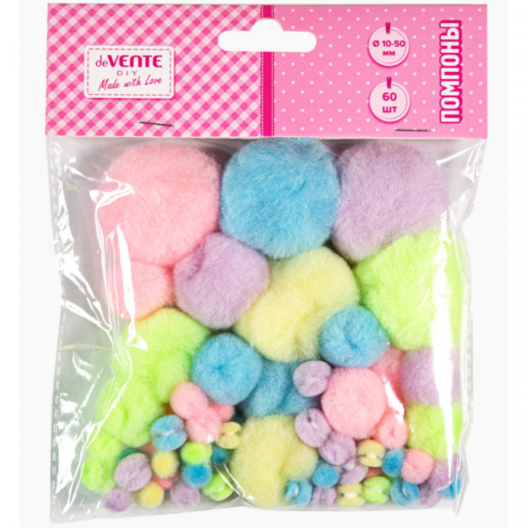 Набор для творчества Помпоны 10мм-28шт,15мм-15шт,25мм-7шт, 38мм-5шт,50мм-5 шт (deVENTE) пастельные цвета ассорти арт 8000551