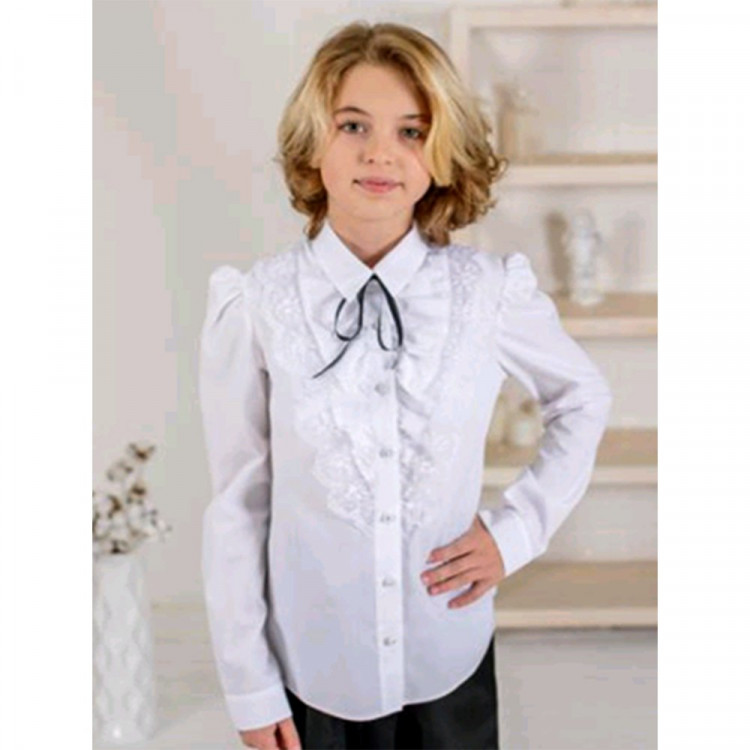 Блузка для девочки (Ажур) длинный рукав цвет белый арт.0091Д размерный ряд 30/128-36/146